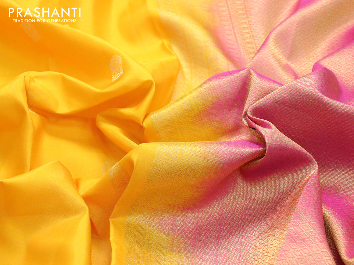 Pure kanjivaram silk saree mango yellow and dual shade of pink with zari woven buttas and long zari woven border