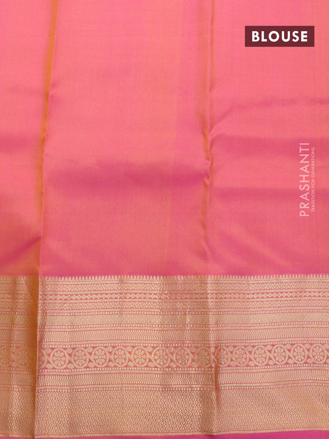 Pure kanjivaram silk saree mango yellow and dual shade of pink with zari woven buttas and long zari woven border