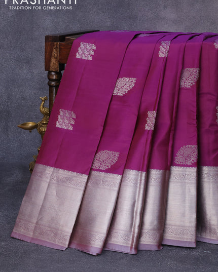 Pure kanjivaram silk saree dark purple and dual shade of grey with thread & silver zari woven buttas and long rich silver zari woven border