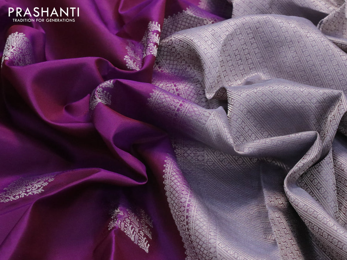 Pure kanjivaram silk saree dark purple and dual shade of grey with thread & silver zari woven buttas and long rich silver zari woven border