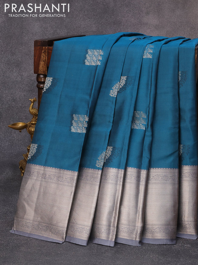 Pure kanjivaram silk saree peacock blue and grey with thread & silver zari woven buttas and long rich silver zari woven border