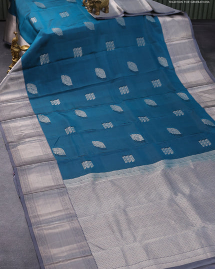 Pure kanjivaram silk saree peacock blue and grey with thread & silver zari woven buttas and long rich silver zari woven border