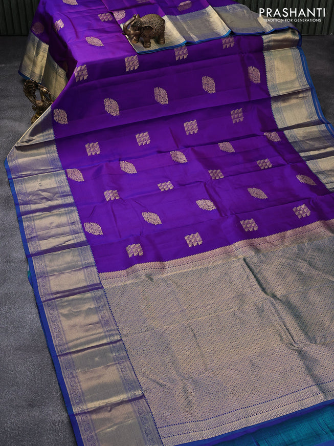 Pure kanjivaram silk saree dual shade of violet and dual shade of blue with thread & zari woven buttas and long rich zari woven border
