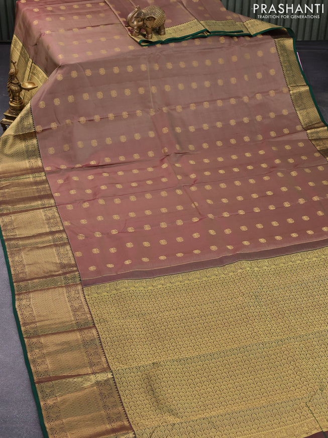 Pure kanjivaram silk saree pastel brown shade and green with zari woven buttas and long rich zari woven border