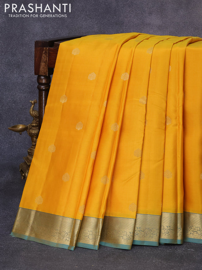 Pure kanjivaram silk saree mango yellow and dual shade of blue with zari woven buttas and zari woven border