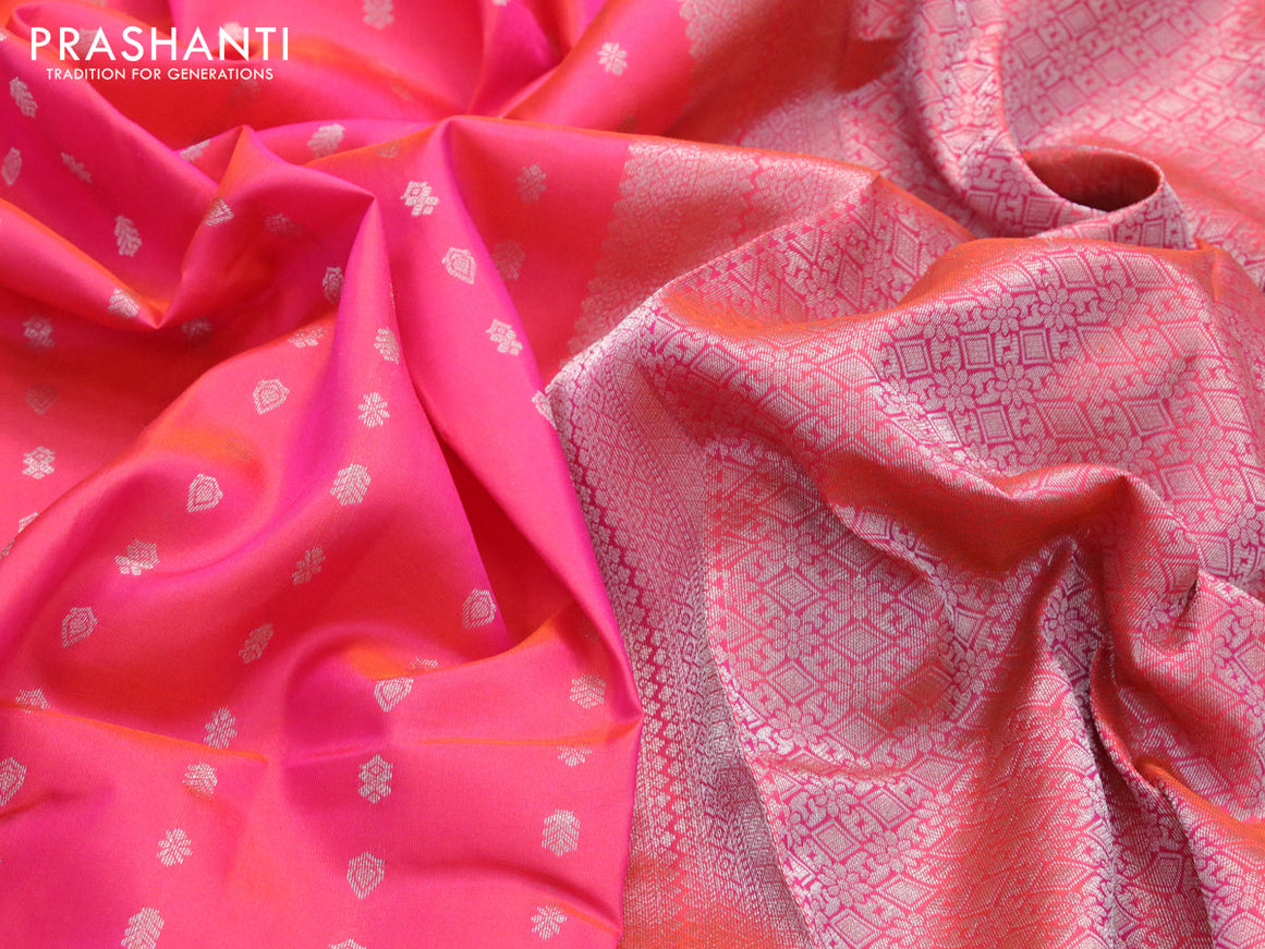 Pure kanjivaram silk saree dual shade peach pink and green with allover silver zari woven buttas and floral silver zari woven border