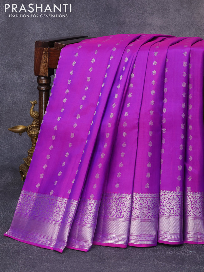 Pure kanjivaram silk saree purple and green with allover silver zari woven buttas and floral silver zari woven border