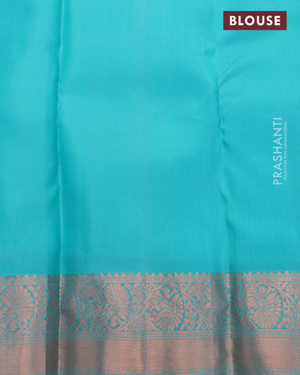 Pure kanjivaram silk saree pink and teal blue with allover copper zari woven buttas and floral zari woven border
