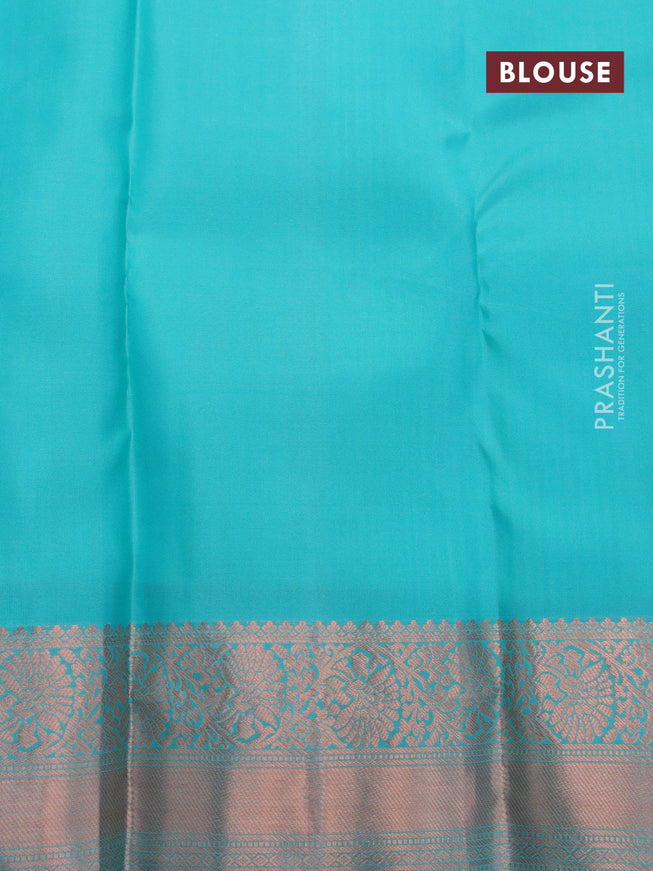 Pure kanjivaram silk saree pink and teal blue with allover copper zari woven buttas and floral zari woven border