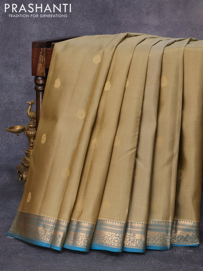 Pure kanjivaram silk saree dark beige and blue with zari woven buttas and zari woven border