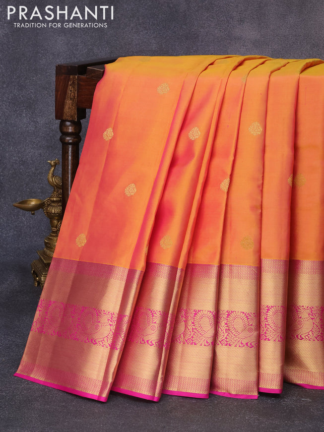Pure kanjivaram silk saree dual shade of mango yellowish pink and pink with zari woven buttas and long annam zari woven border