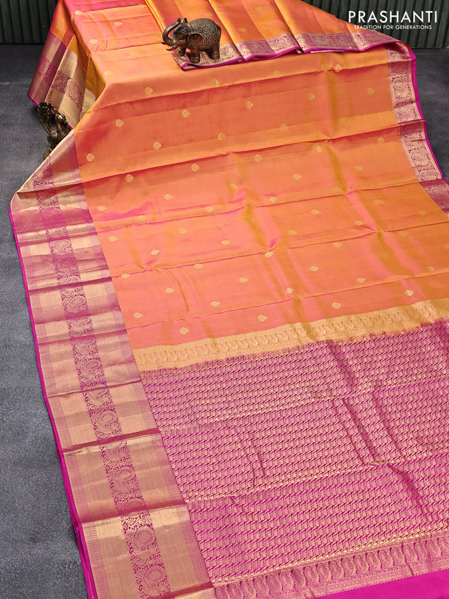 Pure kanjivaram silk saree dual shade of mango yellowish pink and pink with zari woven buttas and long annam zari woven border