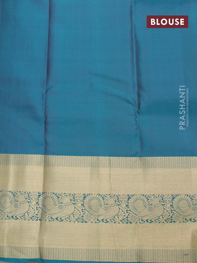 Pure kanjivaram silk saree mauve pink and teal blue with zari woven buttas and long annam zari woven border