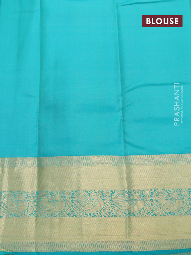 Pure kanjivaram silk saree dual shade of lime green and teal blue with zari woven buttas and long annam zari woven border