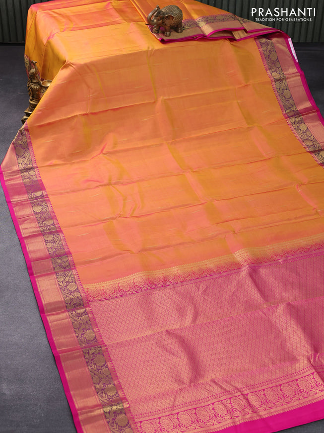 Pure kanjivaram silk saree dual shade of yellowish pink and pink with zari woven buttas and floral zari woven border