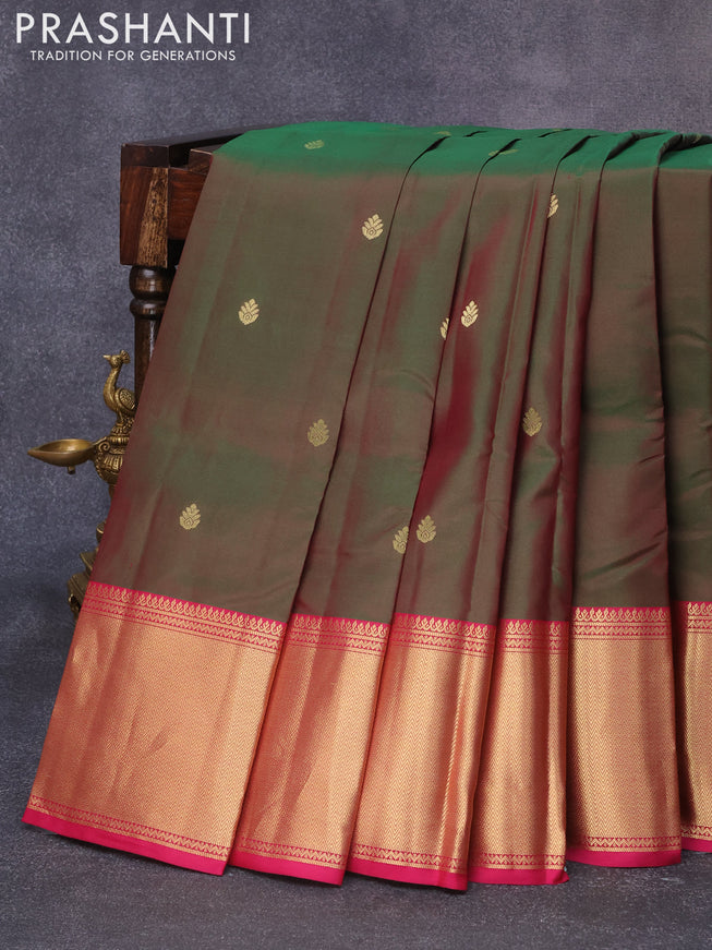 Pure kanjivaram silk saree dual shade of greenish pink and pink with zari woven buttas and rich zari woven border