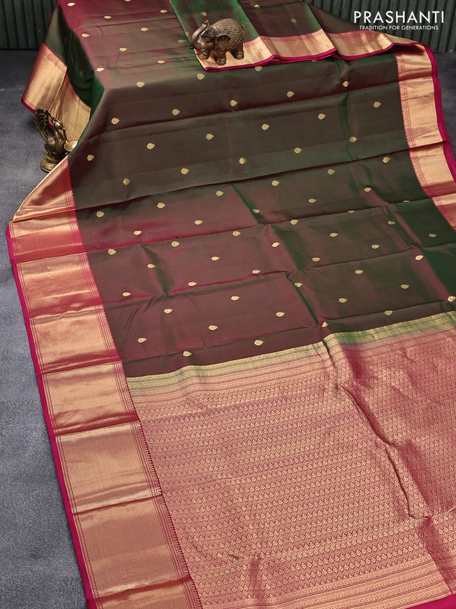 Pure kanjivaram silk saree dual shade of greenish pink and pink with zari woven buttas and rich zari woven border