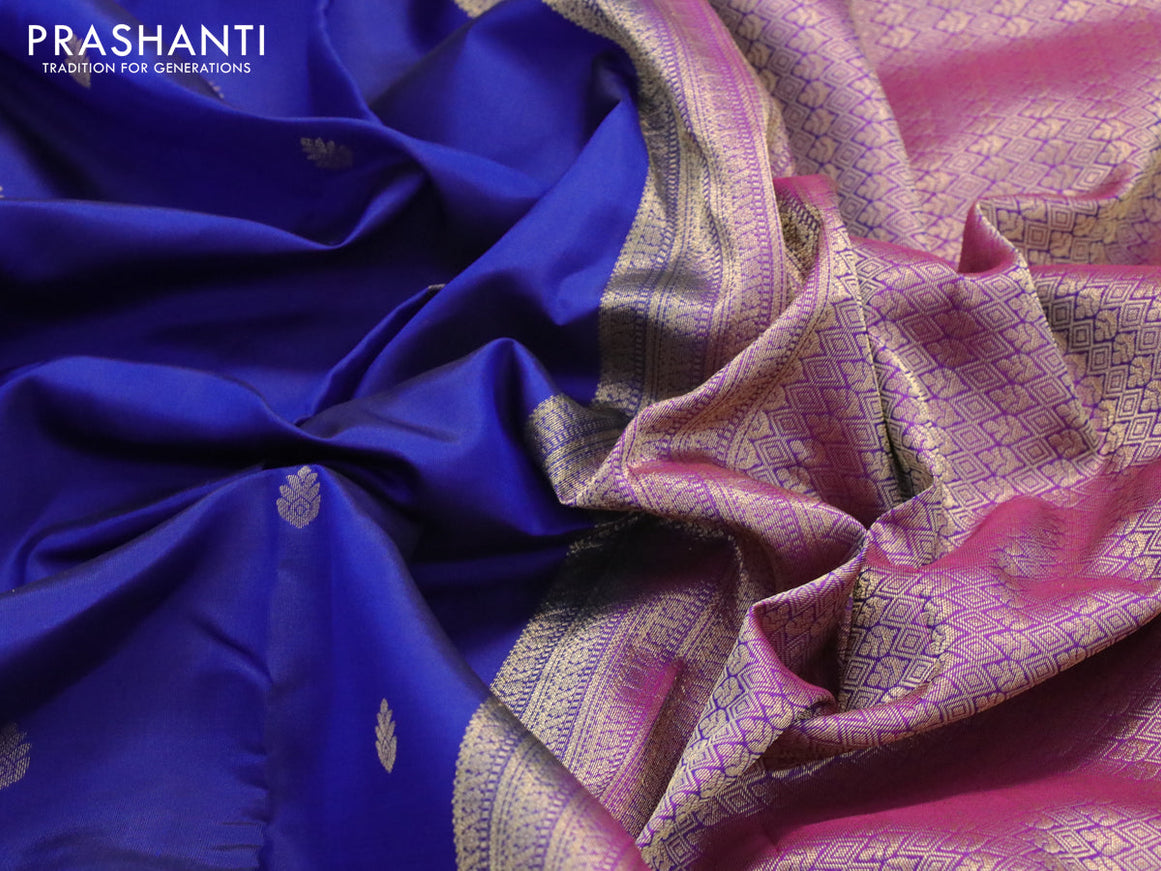 Pure kanjivaram silk saree blue and purple with zari woven buttas and long rich zari woven border