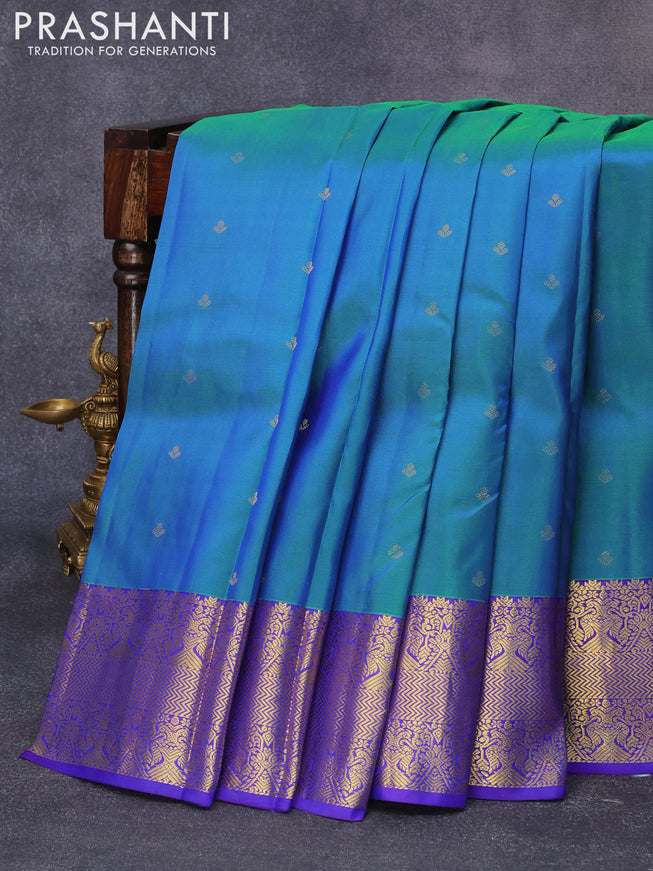 Pure kanjivaram silk saree dual shade of bluish green and blue with zari woven buttas and rich zari woven border