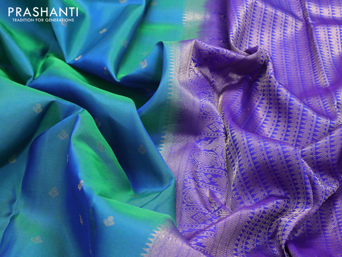 Pure kanjivaram silk saree dual shade of bluish green and blue with zari woven buttas and rich zari woven border