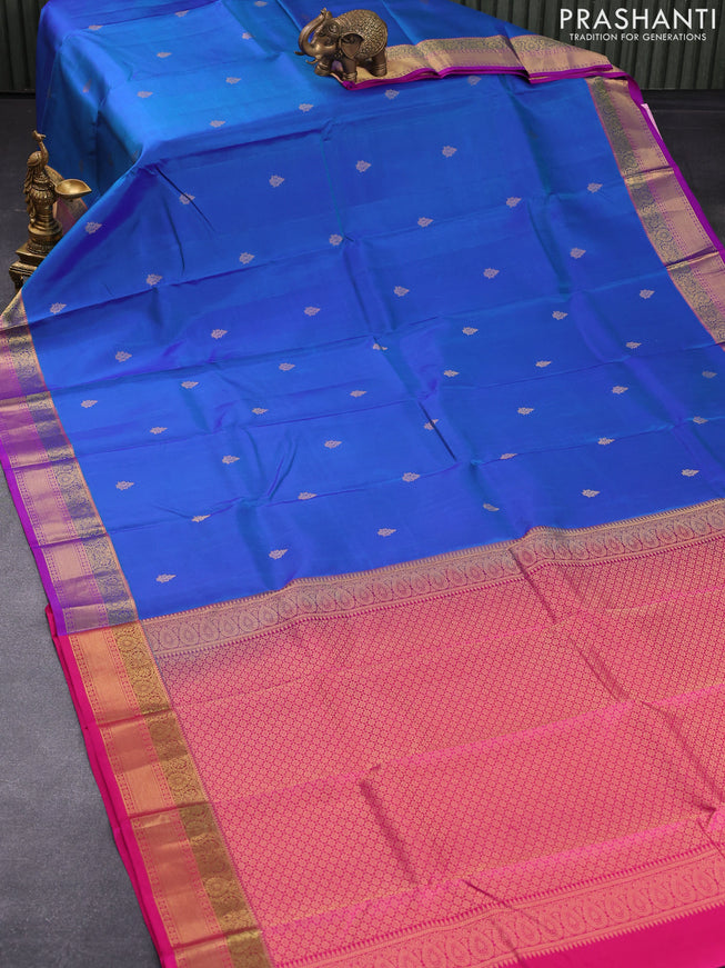 Pure kanjivaram silk saree dual shade of blue and pink with zari woven buttas and zari woven border