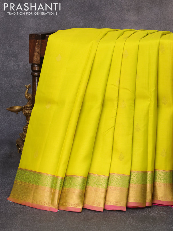 Pure kanjivaram silk saree lime yellow and pink with zari woven buttas and zari woven border