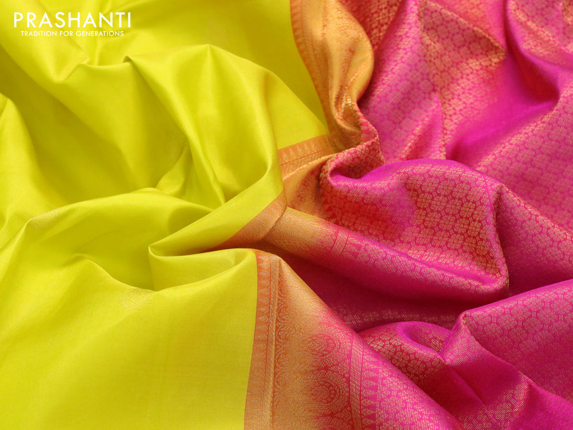 Pure kanjivaram silk saree lime yellow and pink with zari woven buttas and zari woven border