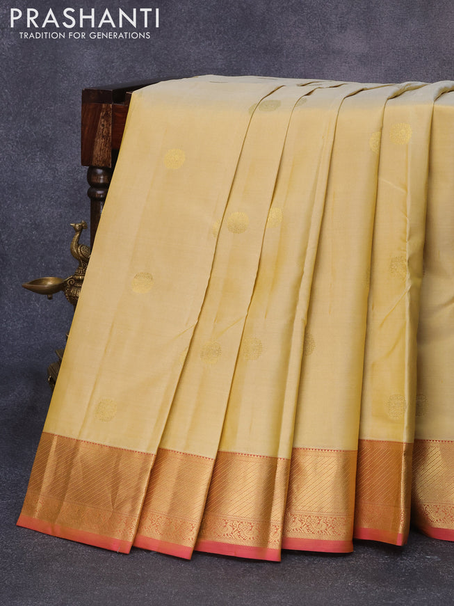 Pure kanjivaram silk saree pale yellow shade and dual shade of pink with zari woven buttas and zari woven border