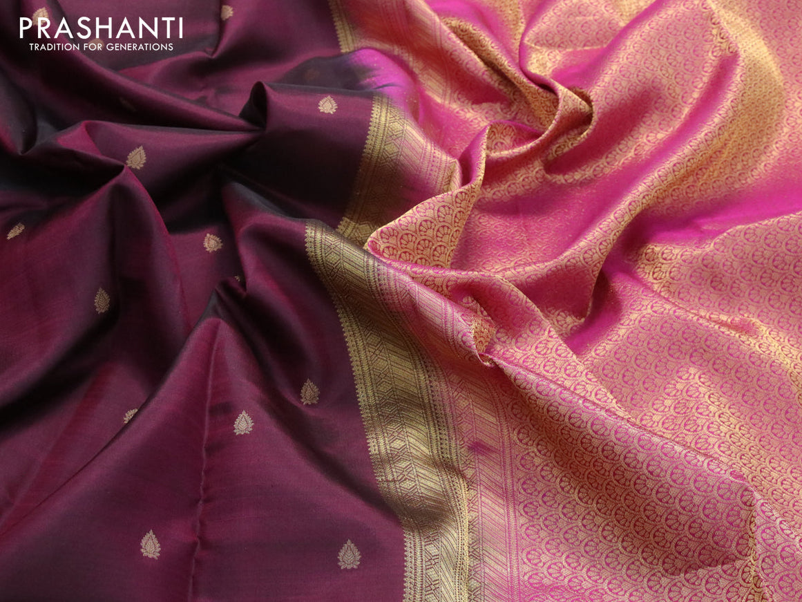 Pure kanjivaram silk saree wine shade and magenta pink with zari woven buttas and rich zari woven border