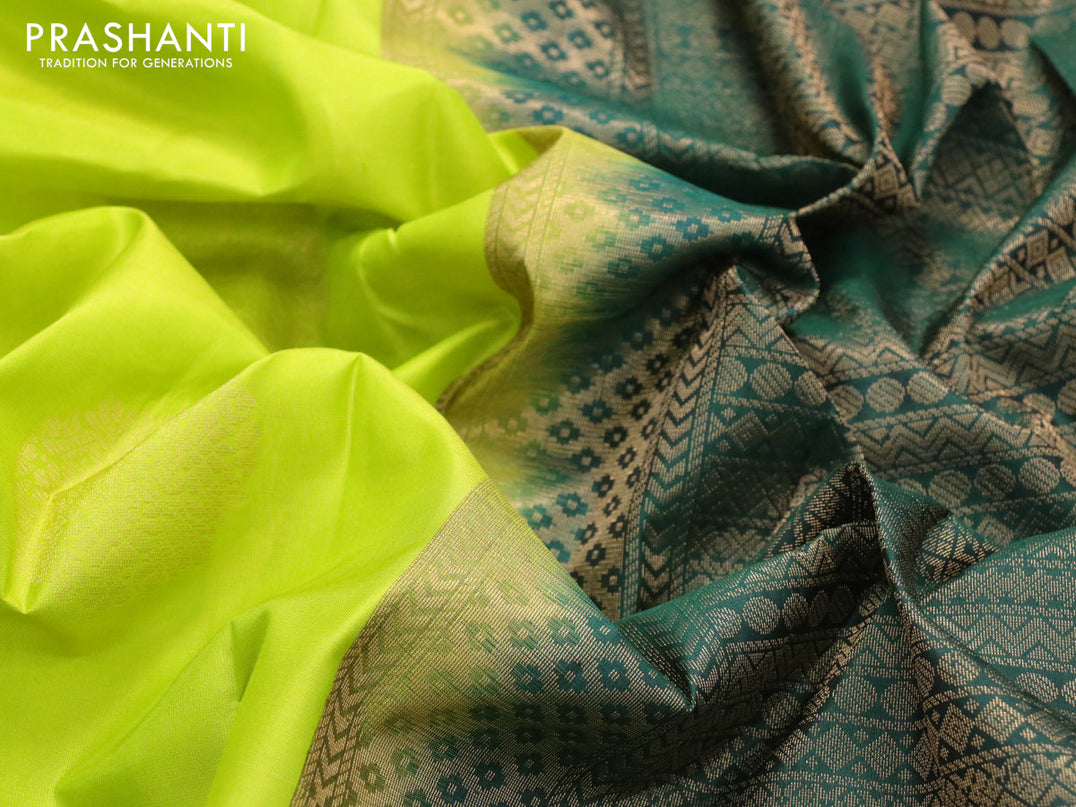 Pure kanjivaram silk saree lime green and bottle green with zari woven buttas in borderless style
