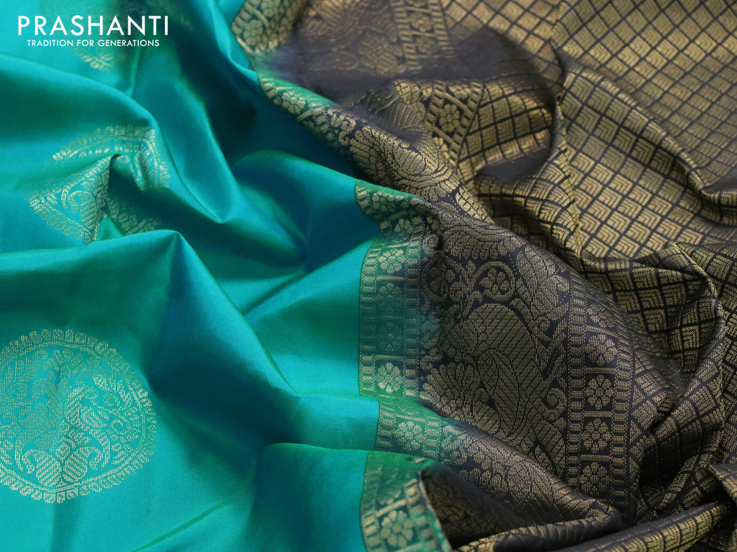 Pure kanjivaram silk saree teal blue and black with zari woven buttas in borderless style
