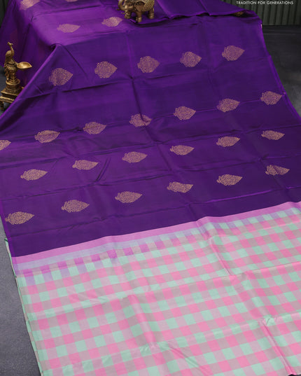 Pure kanjivaram silk saree violet and pink pastel green with zari woven buttas in borderless style