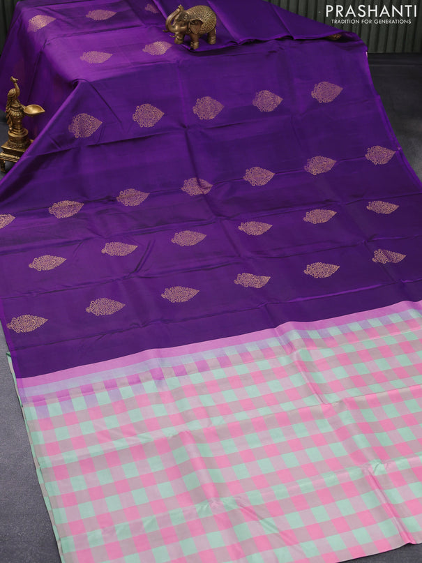 Pure kanjivaram silk saree violet and pink pastel green with zari woven buttas in borderless style