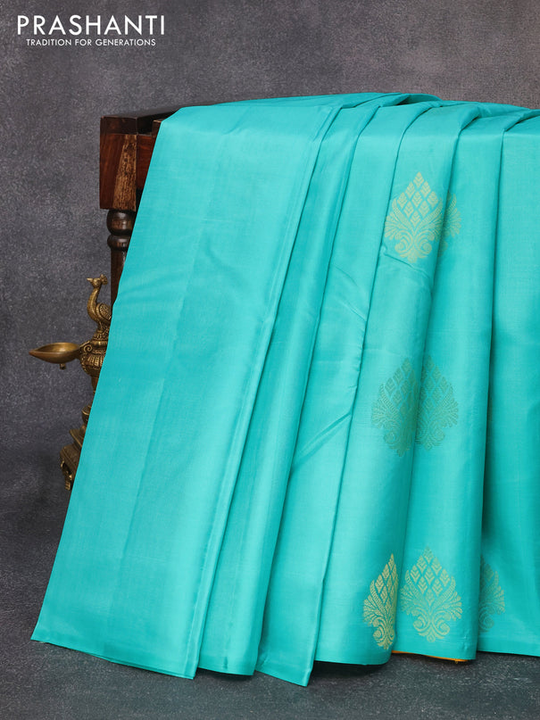 Pure kanjivaram silk saree teal blue and mustard yellow with zari woven buttas in borderless style