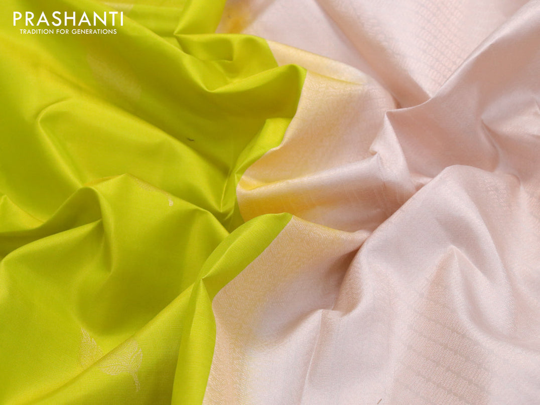 Pure kanjivaram silk saree lime yellow and cream with leaf zari woven buttas in borderless style