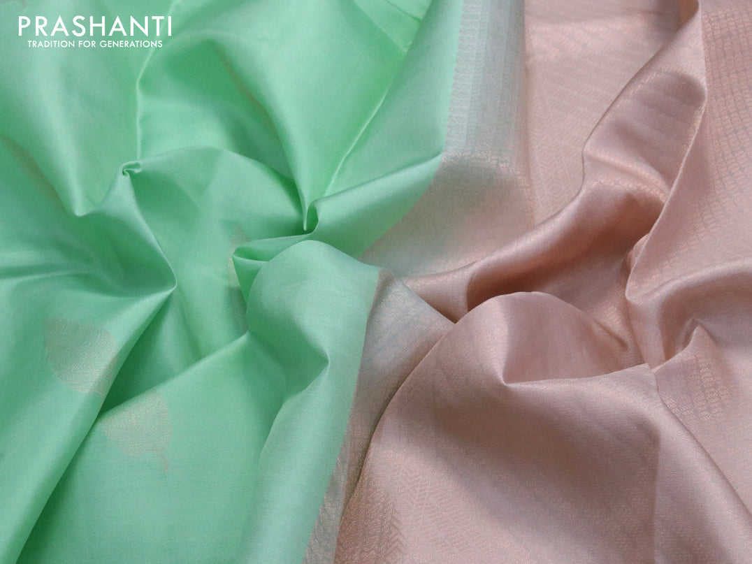 Pure kanjivaram silk saree pastel green and cream with leaf silver zari woven buttas in borderless style