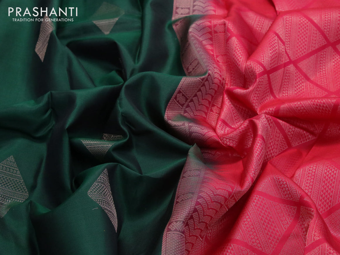 Pure kanjivaram silk saree bottle green and reddish pink with geometric zari woven buttas in borderless style