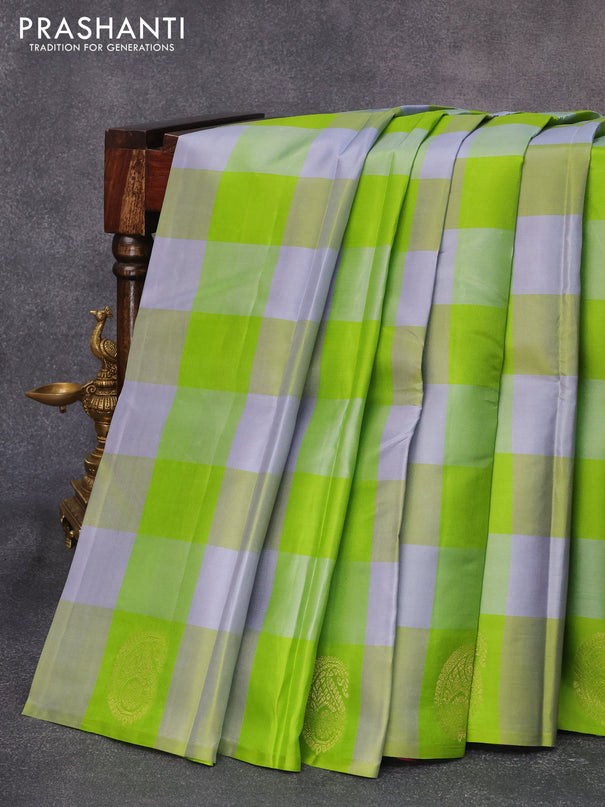 Pure kanjivaram silk saree grey light green and wine shade with allover paalum pazhamum checks and zari woven paisley butta border