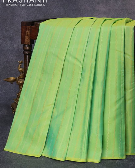 Pure kanjivaram silk saree dual shade of lime green and pink with allover silver & copper zari weaves in borderless style