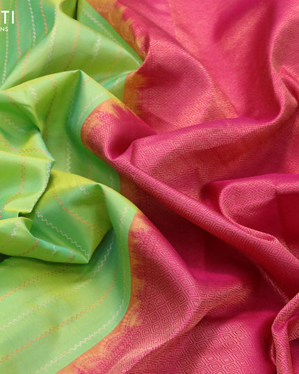 Pure kanjivaram silk saree dual shade of lime green and pink with allover silver & copper zari weaves in borderless style