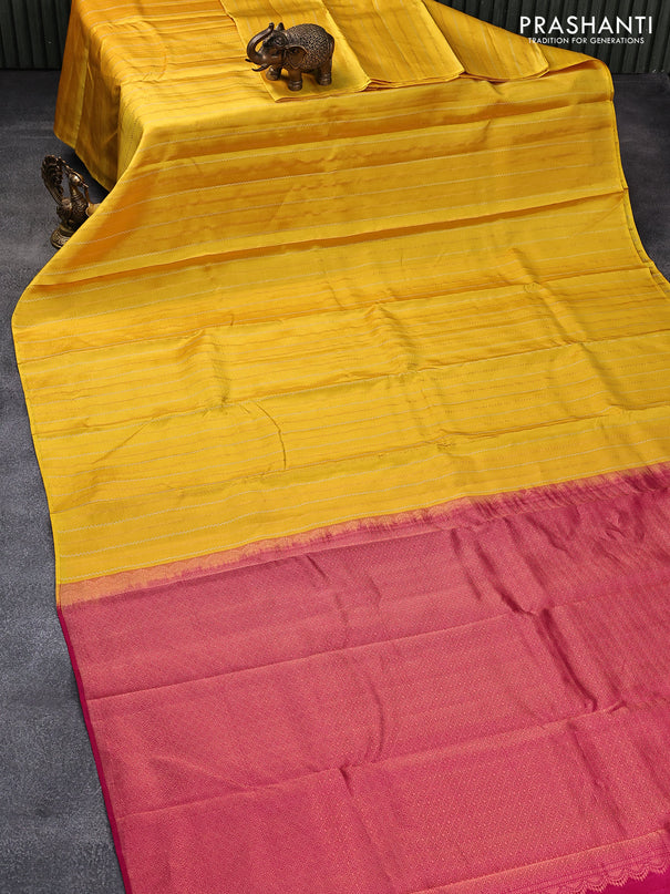 Pure kanjivaram silk saree yellow and pink with allover silver & copper zari weaves in borderless style