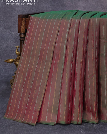 Pure kanjivaram silk saree dual shade of greenish pink and pink with allover silver & copper zari weaves in borderless style