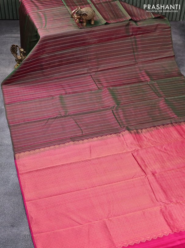Pure kanjivaram silk saree dual shade of greenish pink and pink with allover silver & copper zari weaves in borderless style