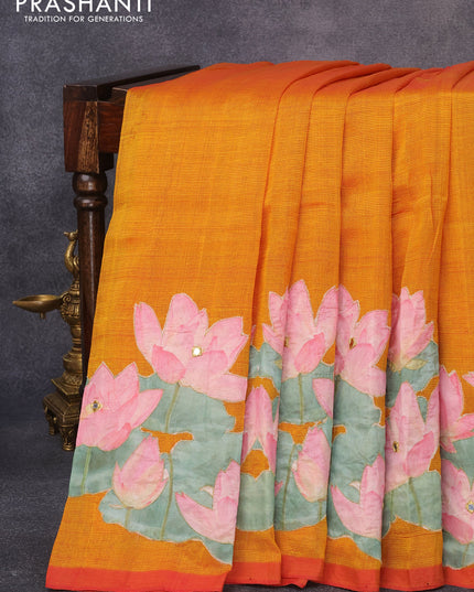 Mangalgiri silk cotton saree dual shade of sunset yellow with plain body and floral applique work