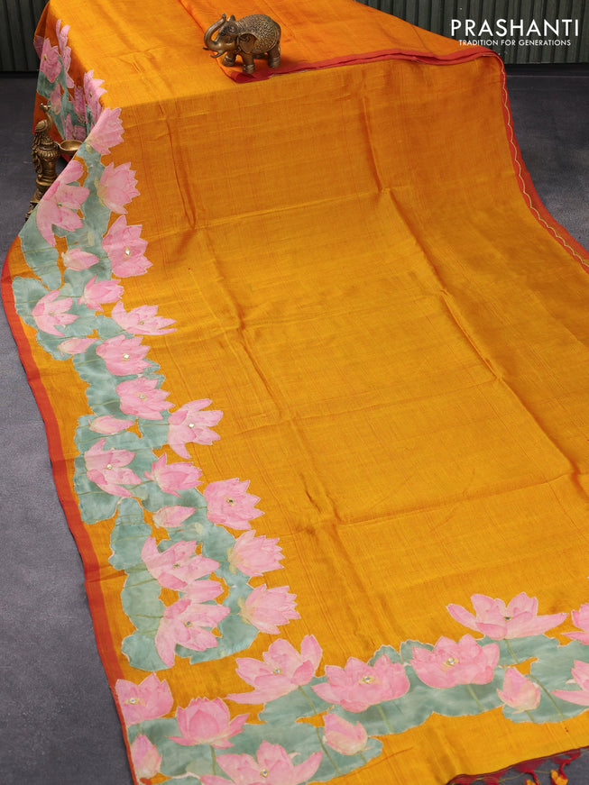 Mangalgiri silk cotton saree dual shade of sunset yellow with plain body and floral applique work