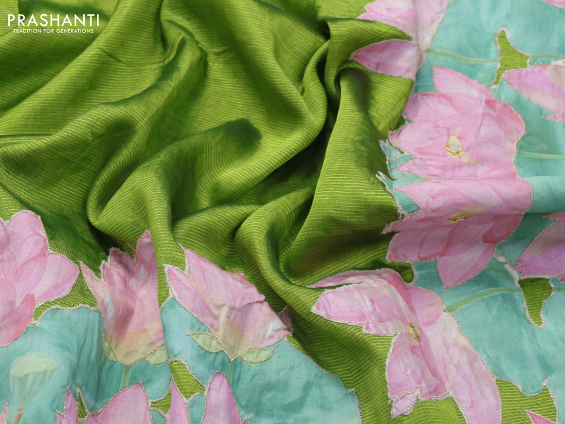 Mangalgiri silk cotton saree light green with plain body and floral applique work