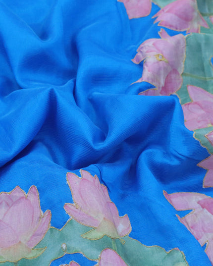 Mangalgiri silk cotton saree cs blue with plain body and floral applique work