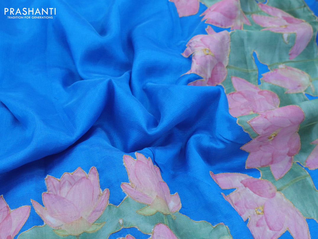 Mangalgiri silk cotton saree cs blue with plain body and floral applique work