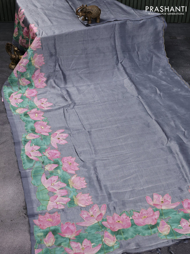Mangalgiri silk cotton saree grey with plain body and floral applique work