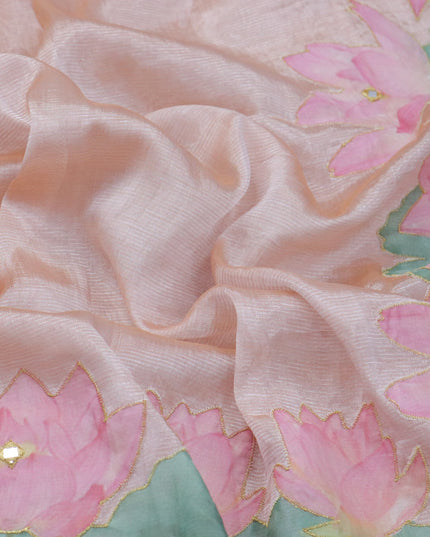 Mangalgiri silk cotton saree pastel peach with plain body and floral applique work